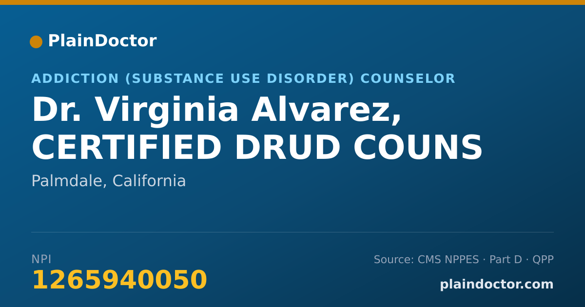 Shareable card for Virginia Alvarez, CERTIFIED DRUD COUNS - Addiction (Substance Use Disorder) Counselor, Palmdale, CA