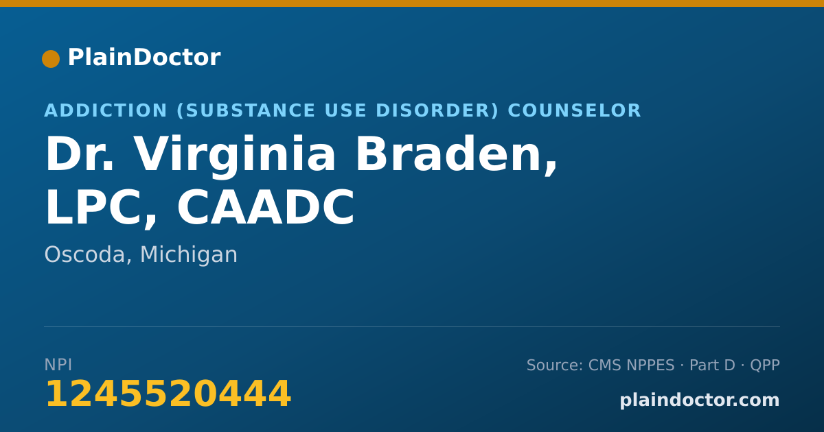 Shareable card for Virginia Braden, LPC, CAADC - Addiction (Substance Use Disorder) Counselor, Oscoda, MI