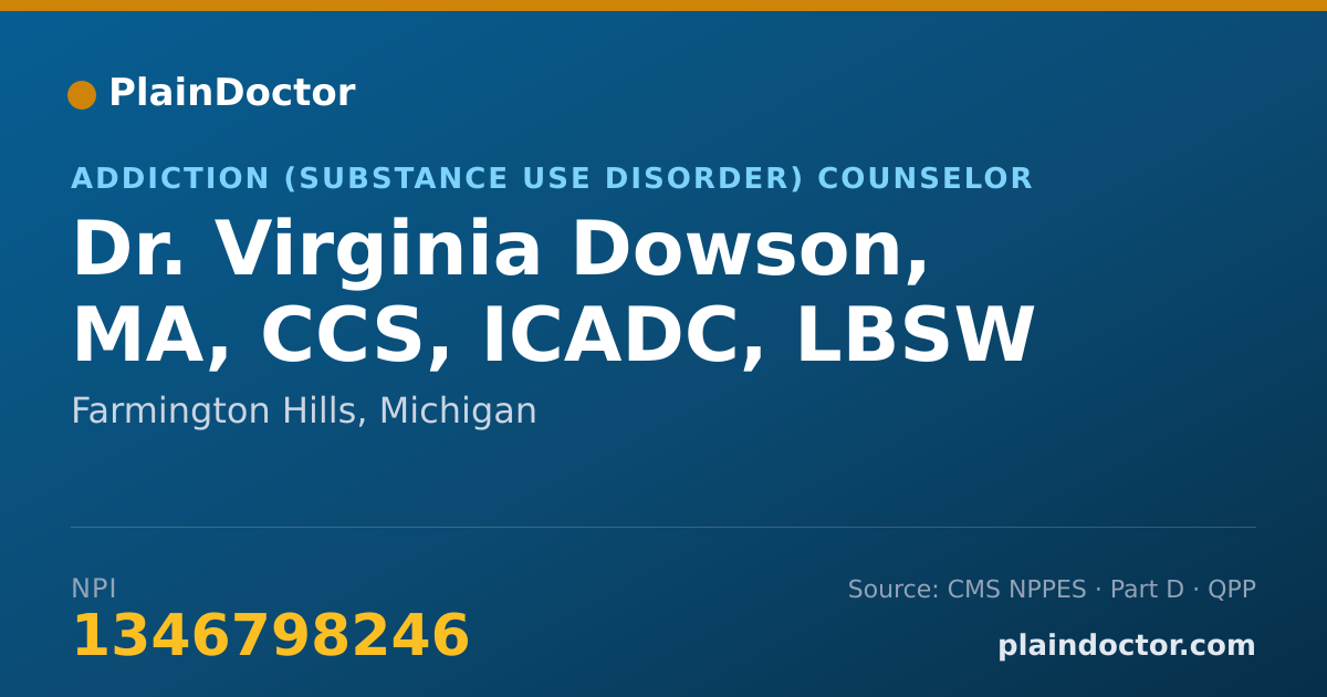 Shareable card for Virginia Dowson, MA, CCS, ICADC, LBSW - Addiction (Substance Use Disorder) Counselor, Farmington Hills, MI