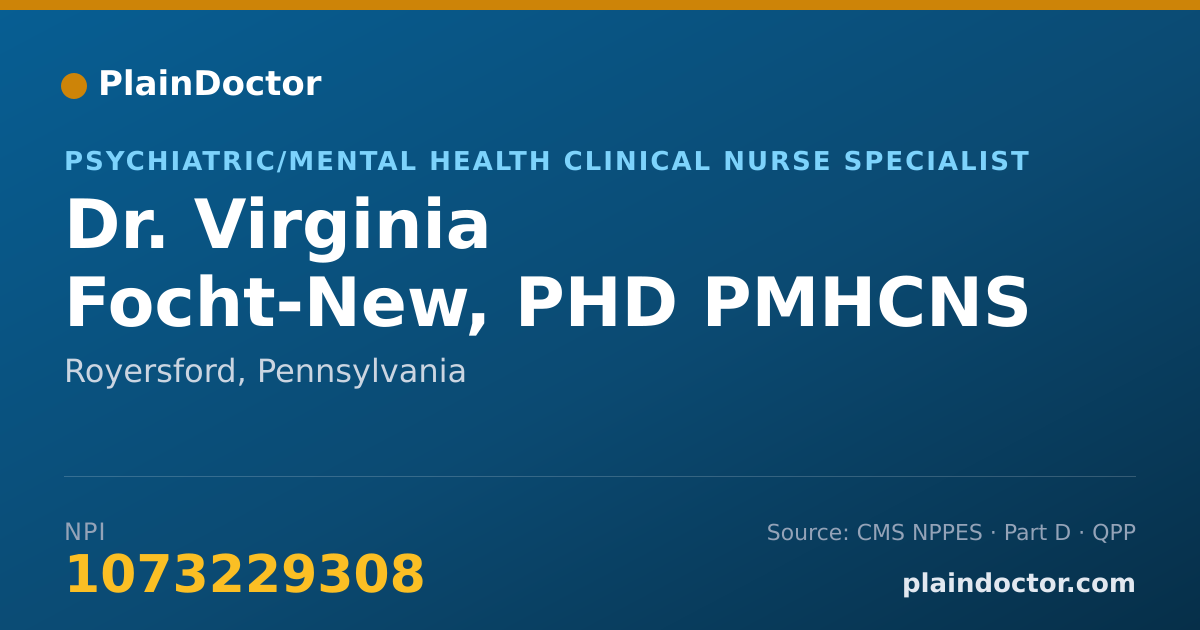 Shareable card for Virginia Focht-New, PHD PMHCNS BCB BCN - Psychiatric/Mental Health Clinical Nurse Specialist, Royersford, PA