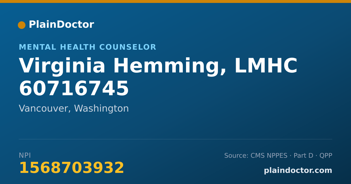Shareable card for Virginia Hemming, LMHC 60716745 - Mental Health Counselor, Vancouver, WA