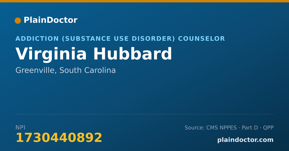 Shareable card for Virginia Hubbard - Addiction (Substance Use Disorder) Counselor, Greenville, SC