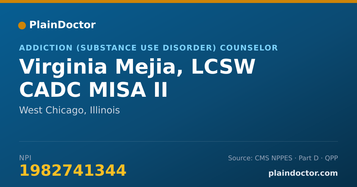 Shareable card for Virginia Mejia, LCSW CADC MISA II - Addiction (Substance Use Disorder) Counselor, West Chicago, IL