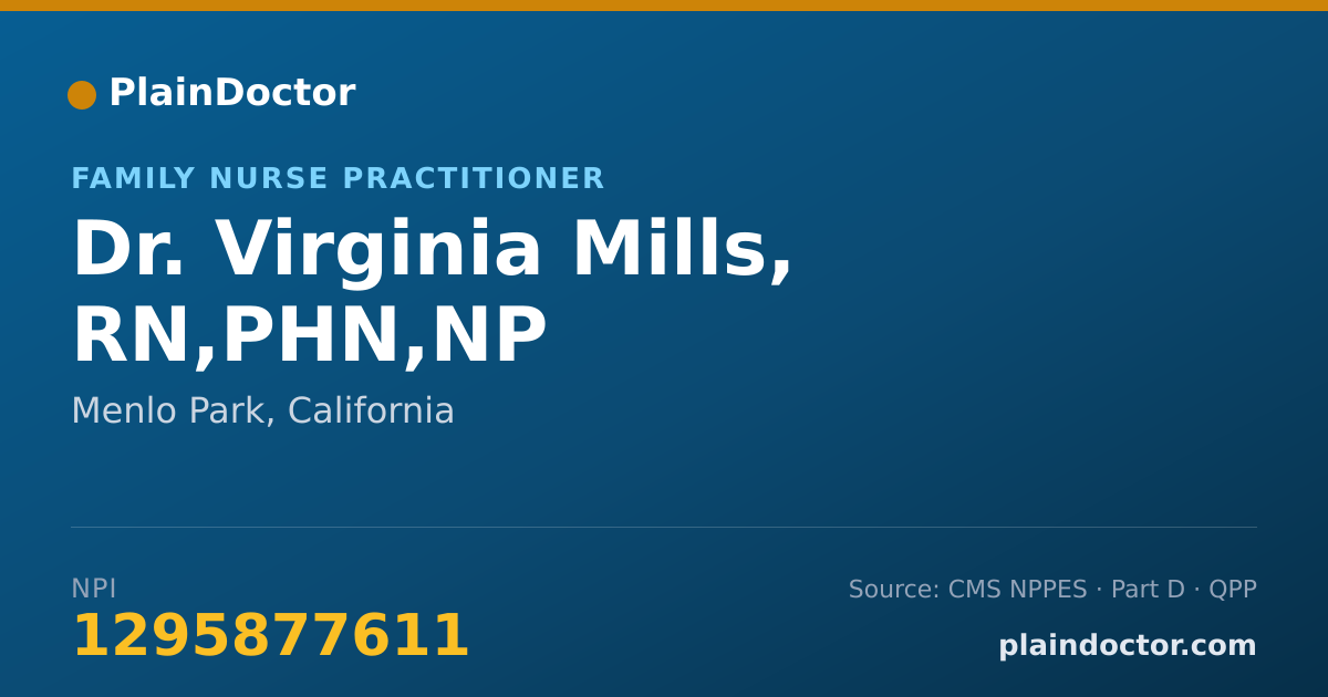 Shareable card for Virginia Mills, RN,PHN,NP - Family Nurse Practitioner, Menlo Park, CA