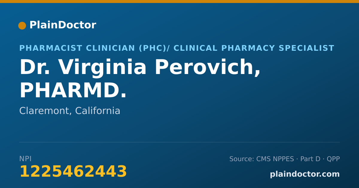Shareable card for Virginia Perovich, PHARMD. - Pharmacist Clinician (PhC)/ Clinical Pharmacy Specialist, Claremont, CA