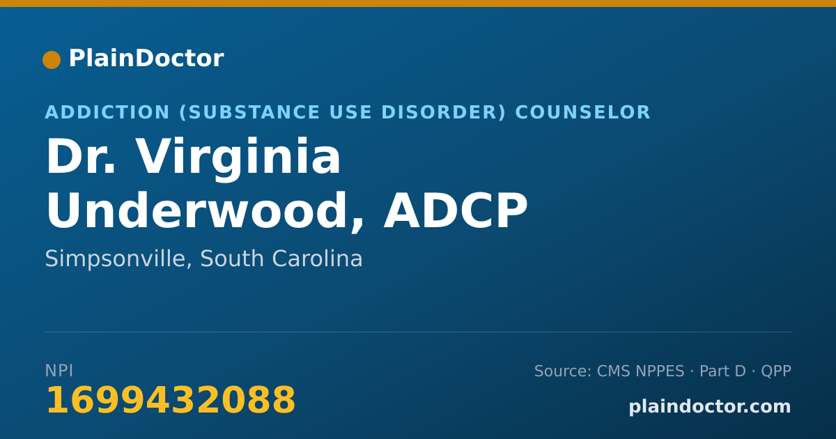 Shareable card for Virginia Underwood, ADCP - Addiction (Substance Use Disorder) Counselor, Simpsonville, SC