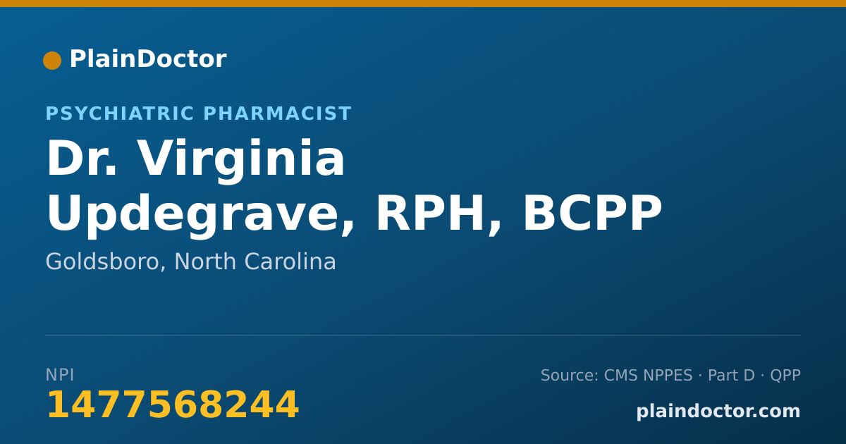 Shareable card for Virginia Updegrave, RPH, BCPP - Psychiatric Pharmacist, Goldsboro, NC