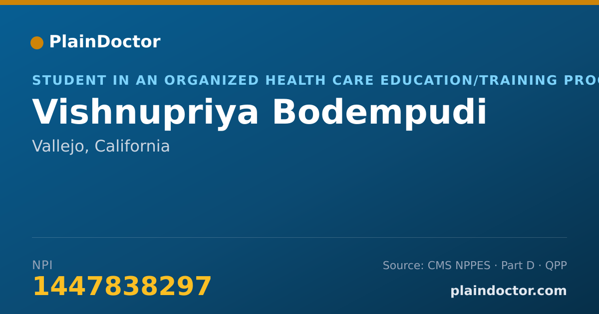 Shareable card for Vishnupriya Bodempudi - Student in an Organized Health Care Education/Training Program, Vallejo, CA