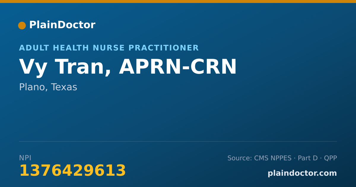 Shareable card for Vy Tran, APRN-CRN - Adult Health Nurse Practitioner, Plano, TX
