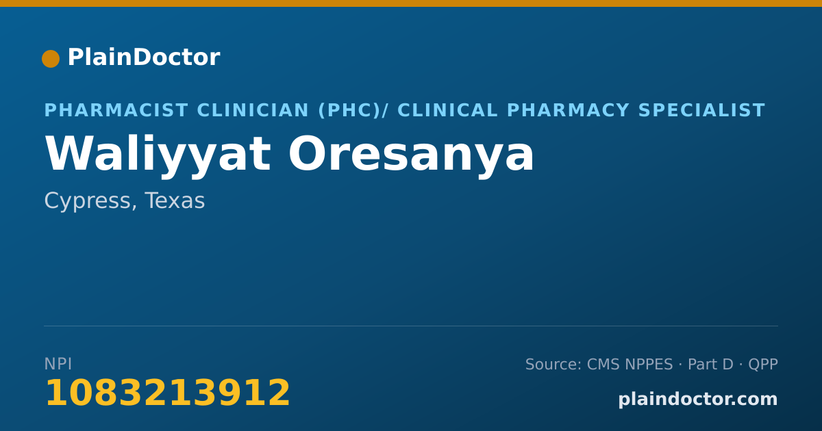 Shareable card for Waliyyat Oresanya - Pharmacist Clinician (PhC)/ Clinical Pharmacy Specialist, Cypress, TX
