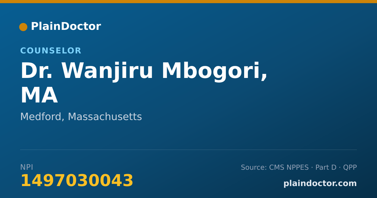 Shareable card for Wanjiru Mbogori, MA - Counselor, Medford, MA