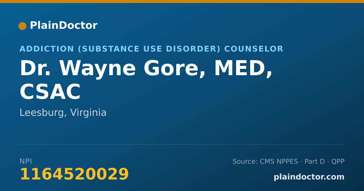 Shareable card for Wayne Gore, MED, CSAC - Addiction (Substance Use Disorder) Counselor, Leesburg, VA