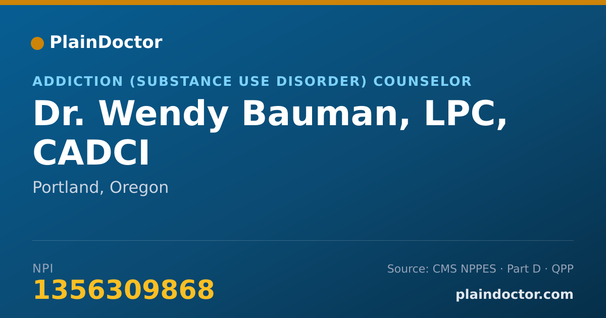 Shareable card for Wendy Bauman, LPC, CADCI - Addiction (Substance Use Disorder) Counselor, Portland, OR