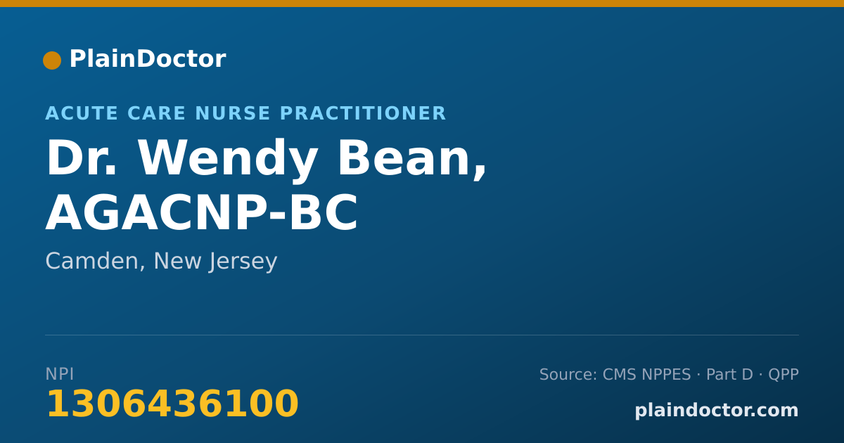 Shareable card for Wendy Bean, AGACNP-BC - Acute Care Nurse Practitioner, Camden, NJ