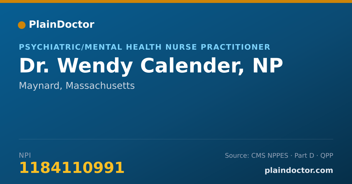 Shareable card for Wendy Calender, NP - Psychiatric/Mental Health Nurse Practitioner, Maynard, MA