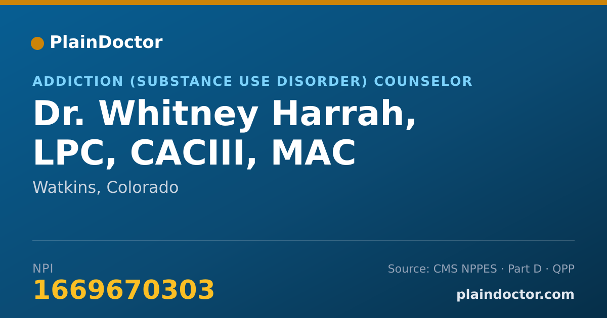 Shareable card for Whitney Harrah, LPC, CACIII, MAC - Addiction (Substance Use Disorder) Counselor, Watkins, CO