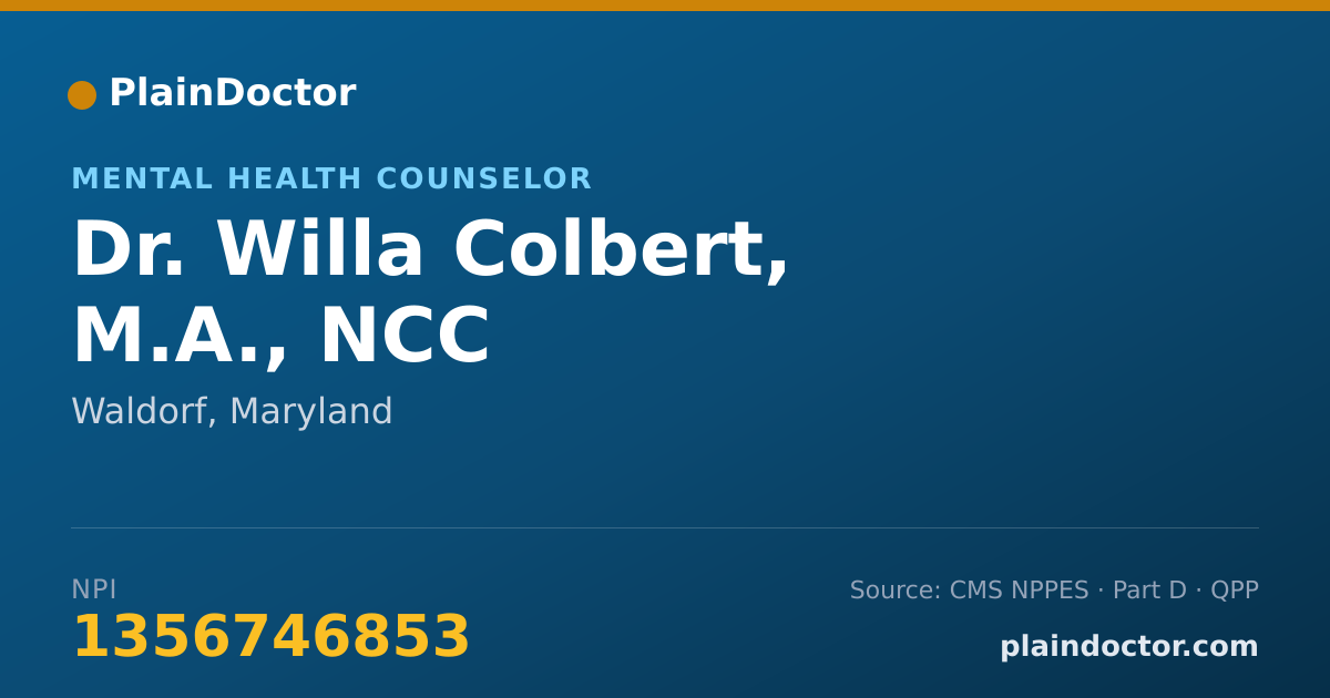 Shareable card for Willa Colbert, M.A., NCC - Mental Health Counselor, Waldorf, MD