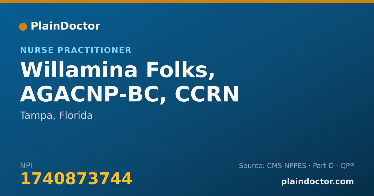 Shareable card for Willamina Folks, AGACNP-BC, CCRN - Nurse Practitioner, Tampa, FL