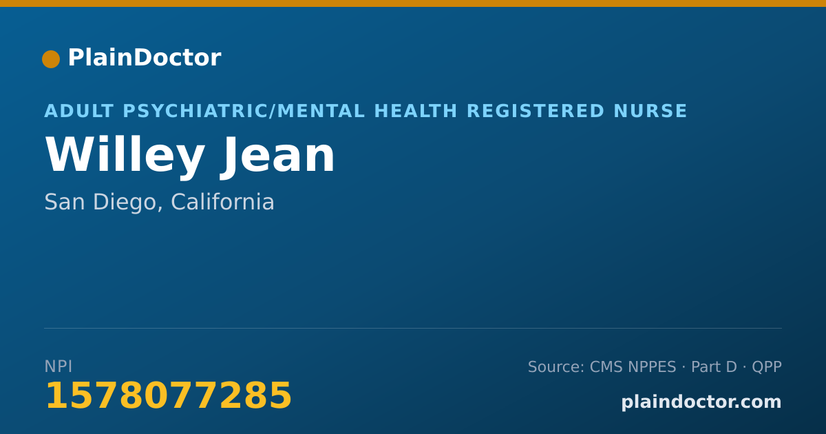 Shareable card for Willey Jean - Adult Psychiatric/Mental Health Registered Nurse, San Diego, CA