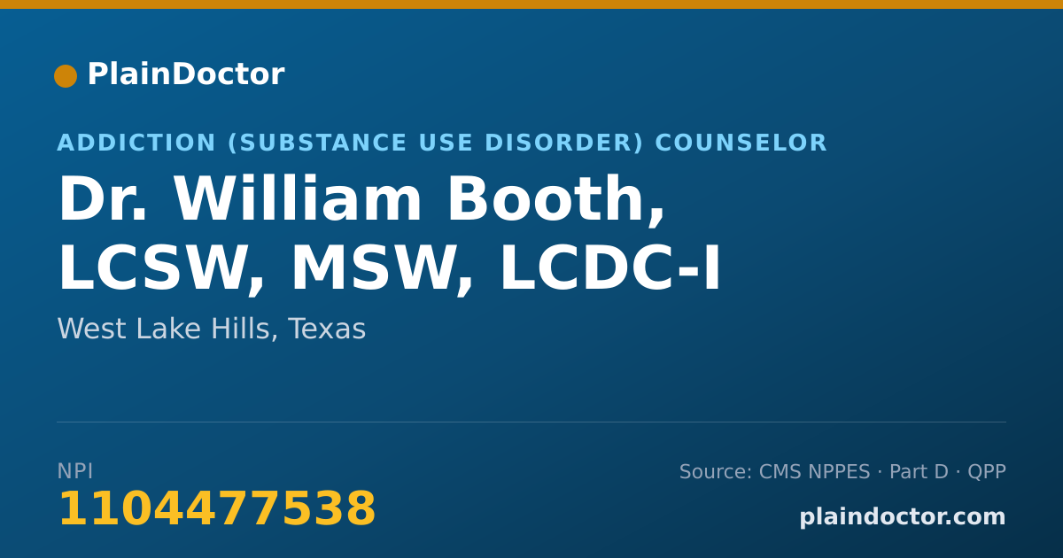 Shareable card for William Booth, LCSW, MSW, LCDC-I - Addiction (Substance Use Disorder) Counselor, West Lake Hills, TX