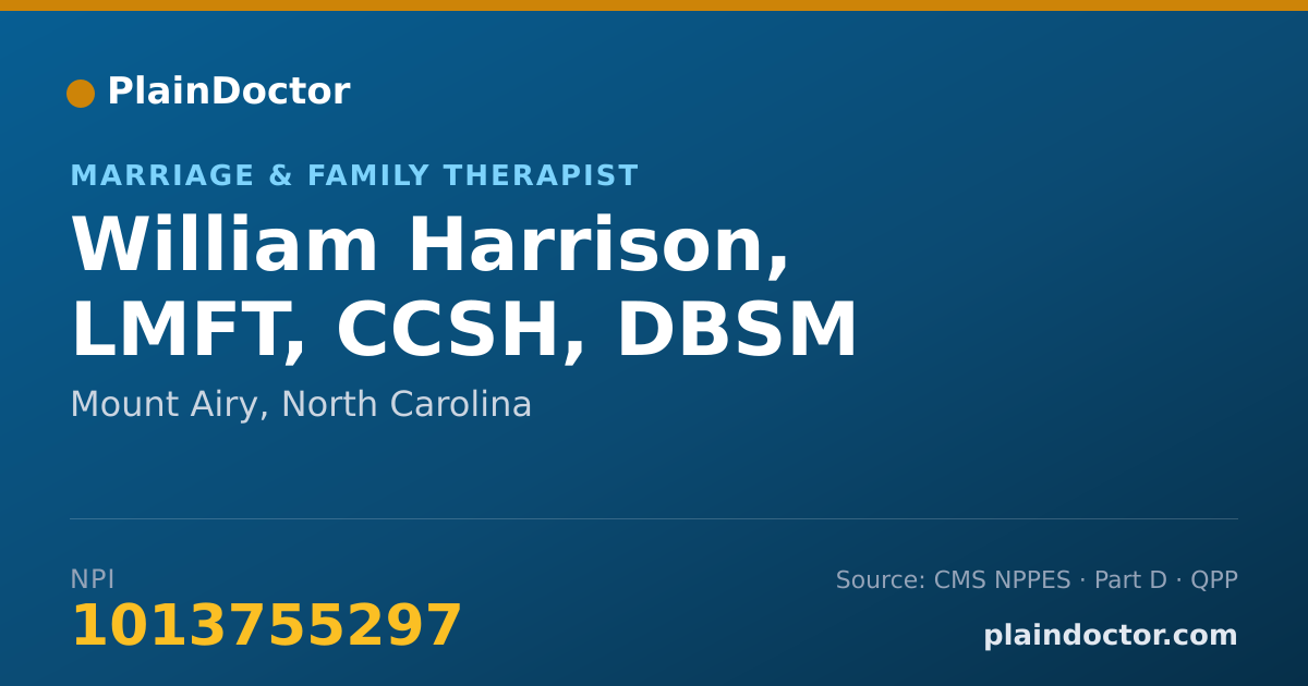 Shareable card for William Harrison, LMFT, CCSH, DBSM - Marriage & Family Therapist, Mount Airy, NC