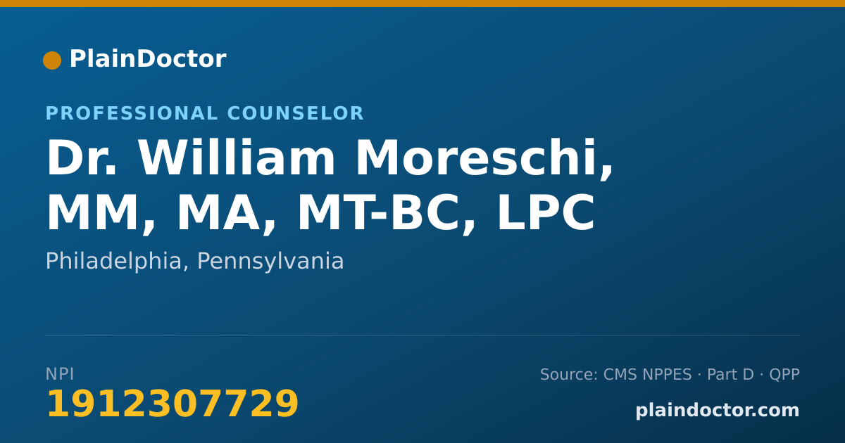 Shareable card for William Moreschi, MM, MA, MT-BC, LPC - Professional Counselor, Philadelphia, PA