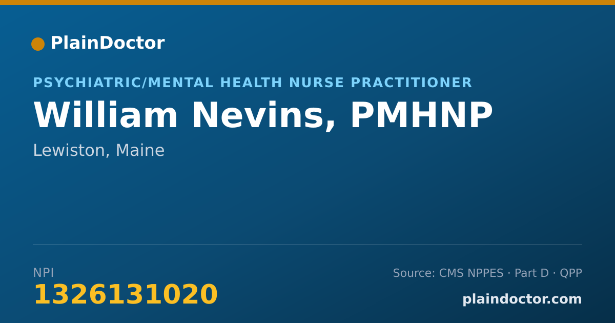 Shareable card for William Nevins, PMHNP - Psychiatric/Mental Health Nurse Practitioner, Lewiston, ME