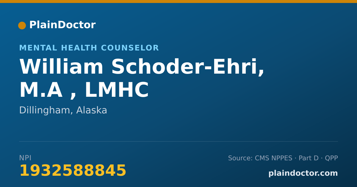 Shareable card for William Schoder-Ehri, M.A , LMHC - Mental Health Counselor, Dillingham, AK
