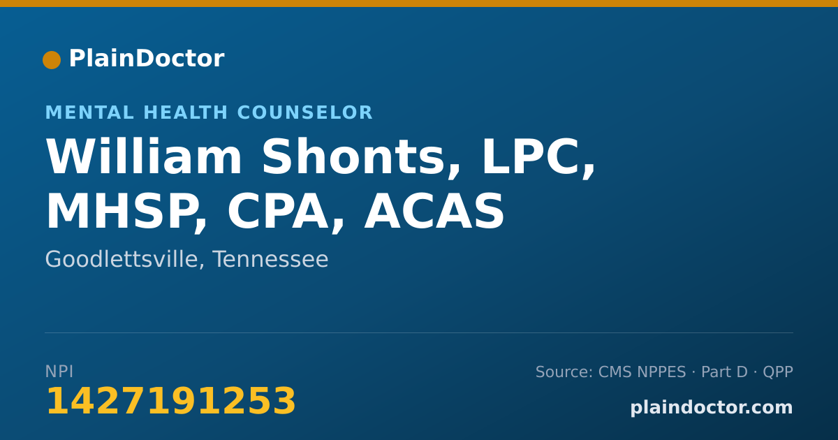 Shareable card for William Shonts, LPC, MHSP, CPA, ACAS - Mental Health Counselor, Goodlettsville, TN