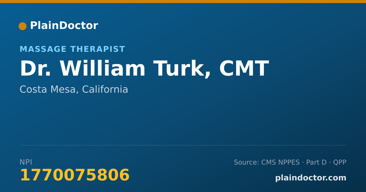 Shareable card for William Turk, CMT - Massage Therapist, Costa Mesa, CA