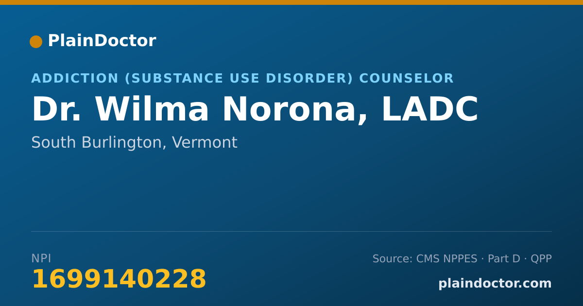 Shareable card for Wilma Norona, LADC - Addiction (Substance Use Disorder) Counselor, South Burlington, VT