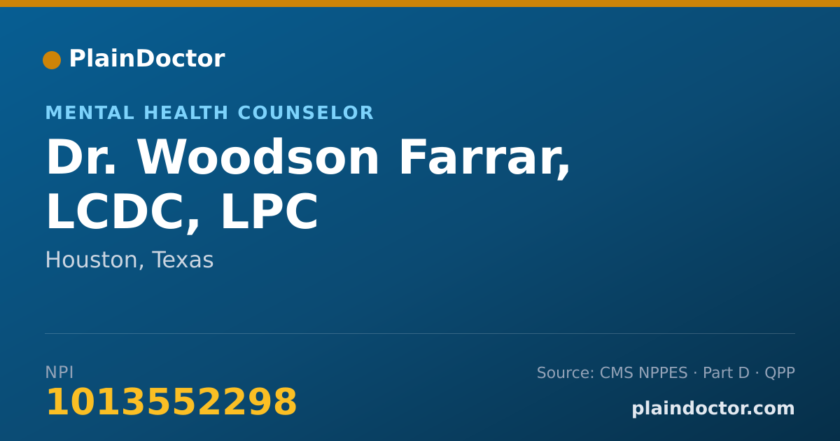 Shareable card for Woodson Farrar, LCDC, LPC - Mental Health Counselor, Houston, TX