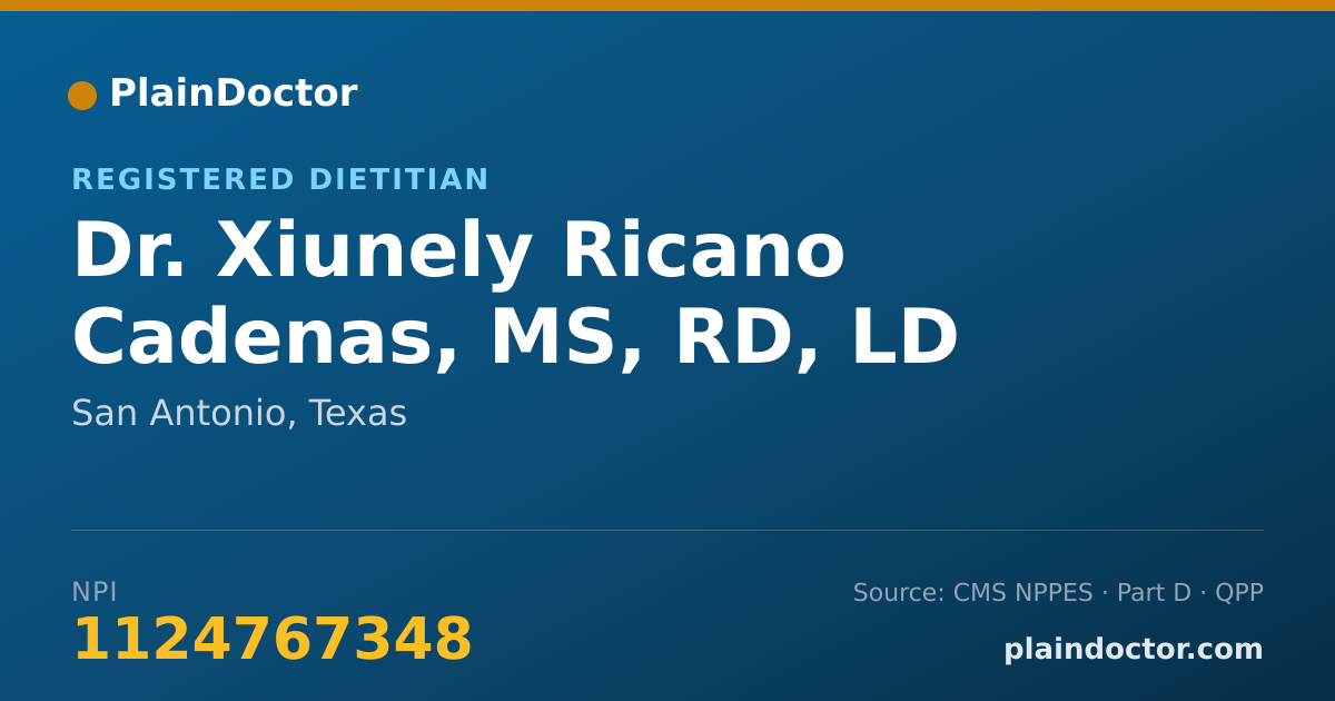 Shareable card for Xiunely Ricano Cadenas, MS, RD, LD - Registered Dietitian, San Antonio, TX