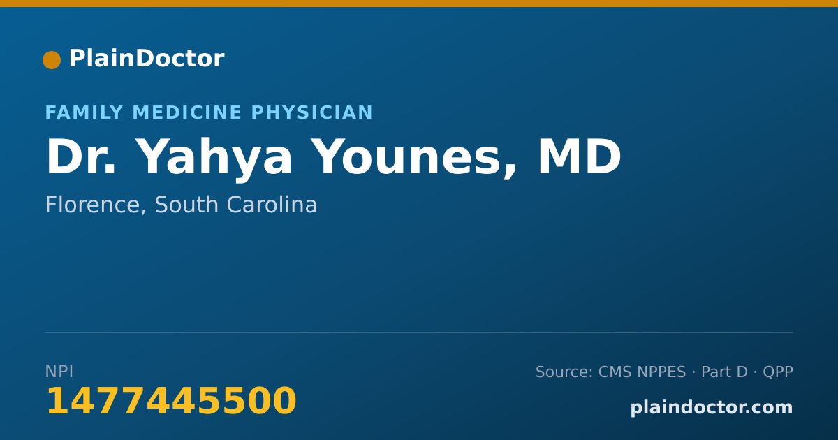 Shareable card for Yahya Younes, MD - Family Medicine Physician, Florence, SC