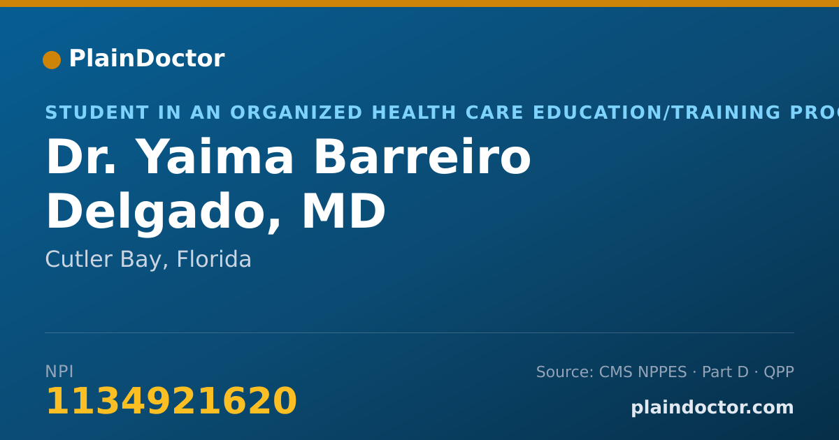Shareable card for Yaima Barreiro Delgado, MD - Student in an Organized Health Care Education/Training Program, Cutler Bay, FL