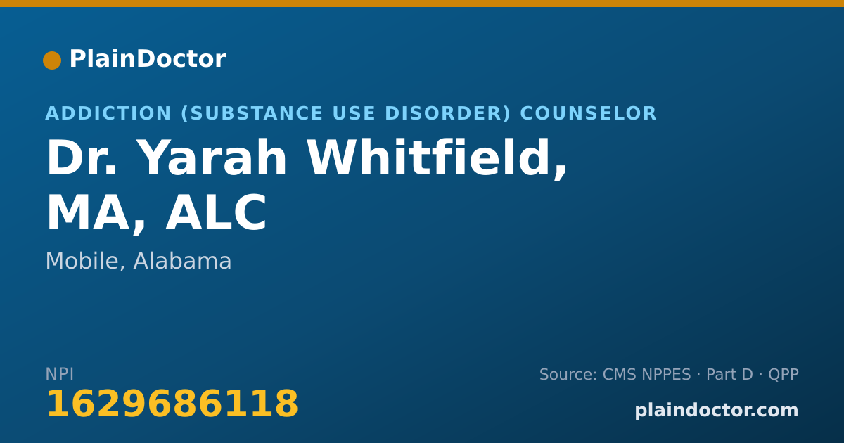 Shareable card for Yarah Whitfield, MA, ALC - Addiction (Substance Use Disorder) Counselor, Mobile, AL
