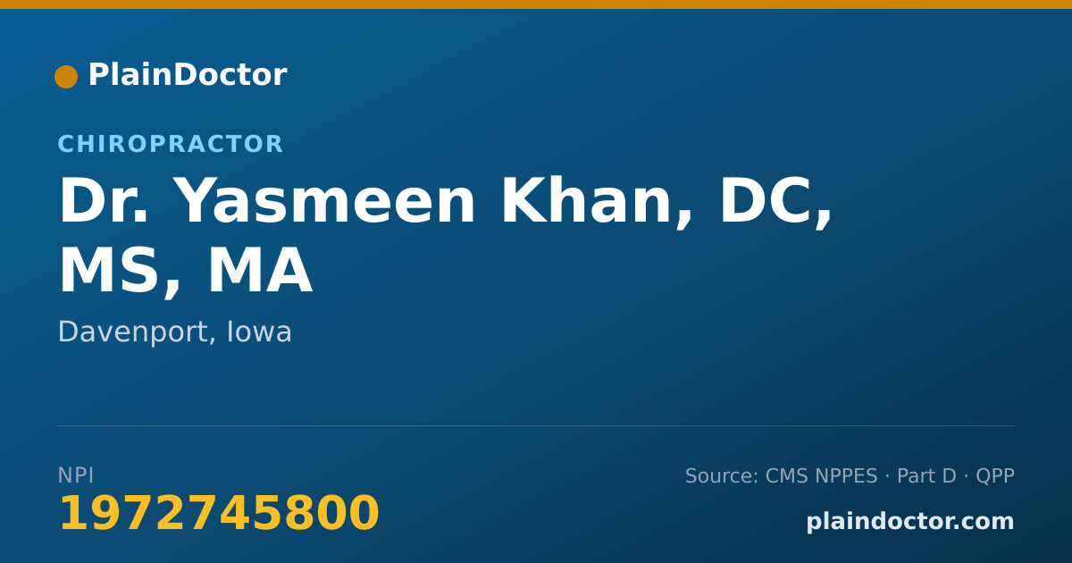 Shareable card for Yasmeen Khan, DC, MS, MA - Chiropractor, Davenport, IA