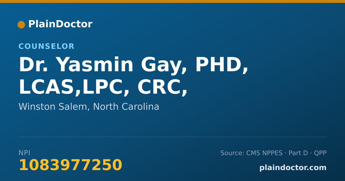 Shareable card for Yasmin Gay, PHD, LCAS,LPC, CRC, - Counselor, Winston Salem, NC