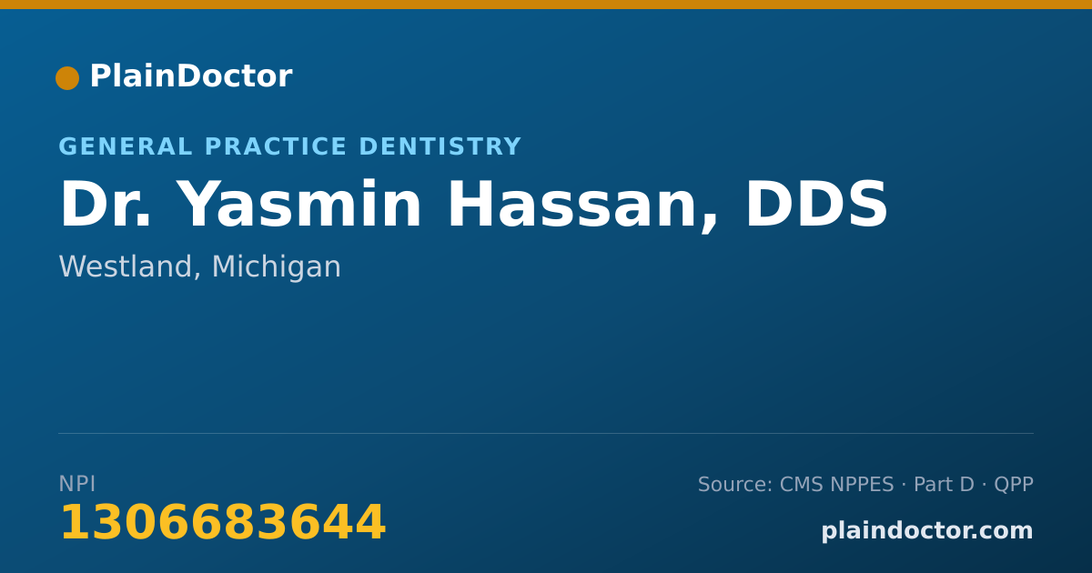 Shareable card for Yasmin Hassan, DDS - General Practice Dentistry, Westland, MI