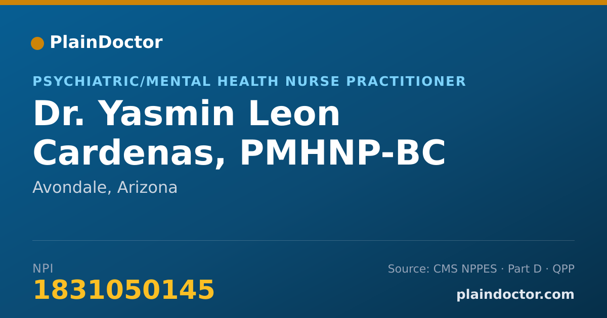 Shareable card for Yasmin Leon Cardenas, PMHNP-BC - Psychiatric/Mental Health Nurse Practitioner, Avondale, AZ