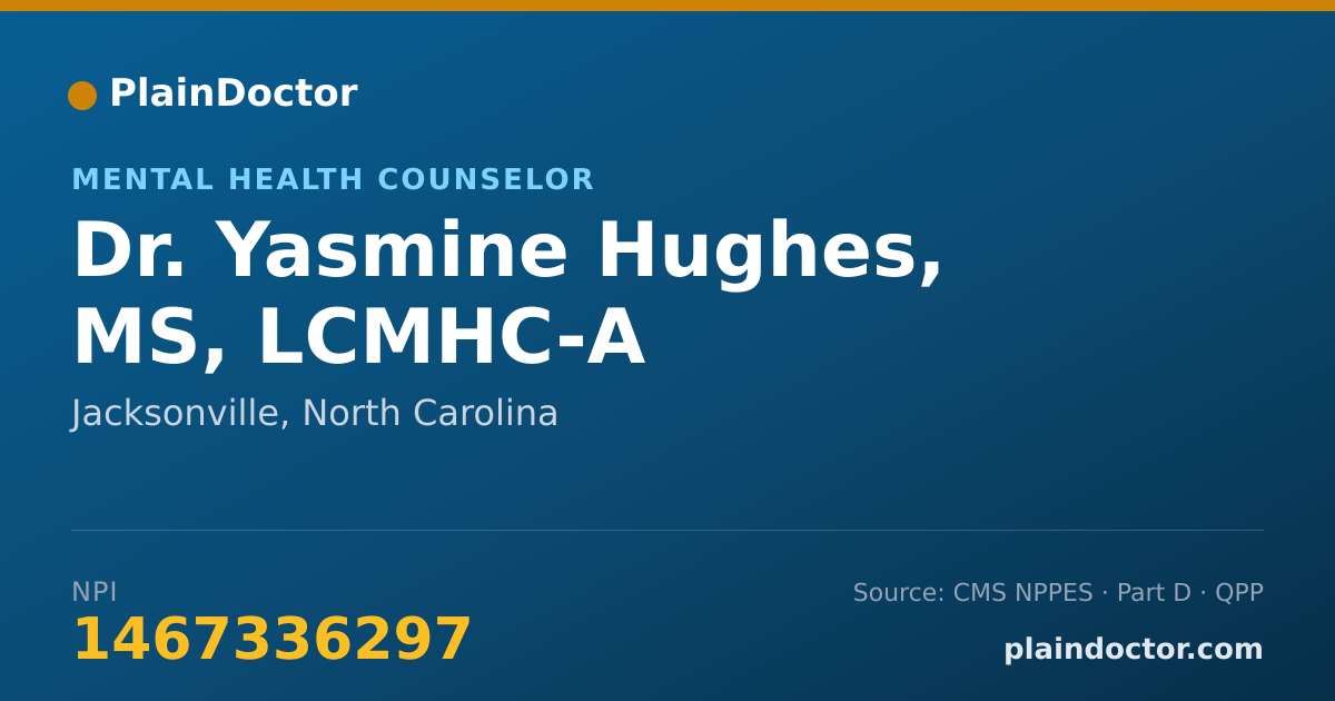 Shareable card for Yasmine Hughes, MS, LCMHC-A - Mental Health Counselor, Jacksonville, NC