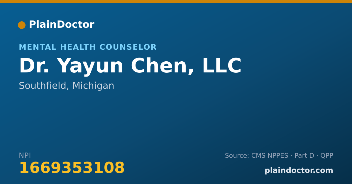 Shareable card for Yayun Chen, LLC - Mental Health Counselor, Southfield, MI