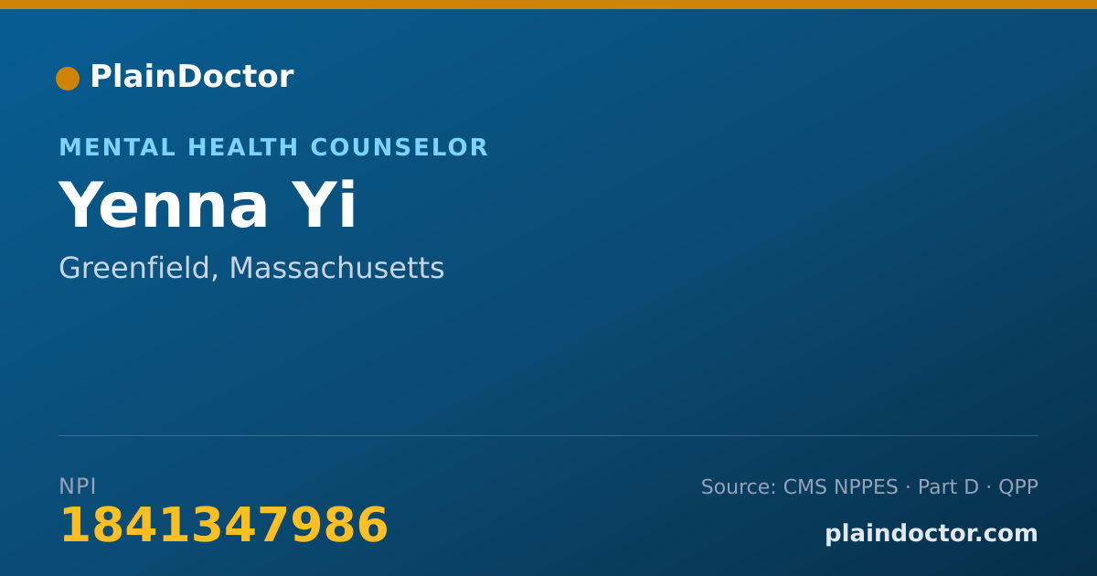 Shareable card for Yenna Yi - Mental Health Counselor, Greenfield, MA