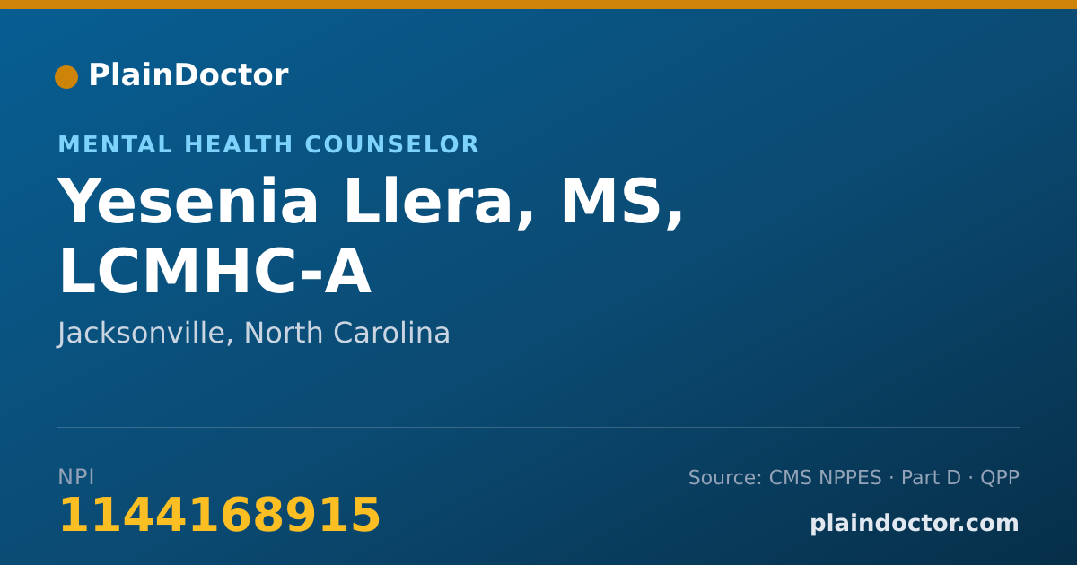 Shareable card for Yesenia Llera, MS, LCMHC-A - Mental Health Counselor, Jacksonville, NC