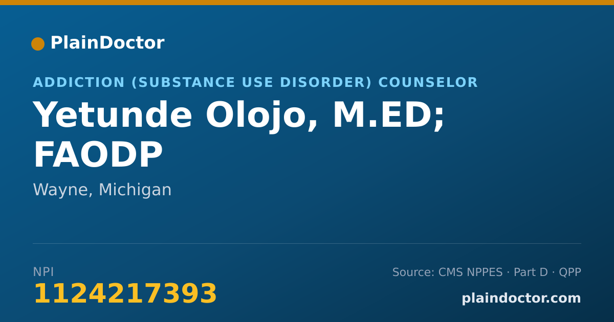 Shareable card for Yetunde Olojo, M.ED; FAODP - Addiction (Substance Use Disorder) Counselor, Wayne, MI