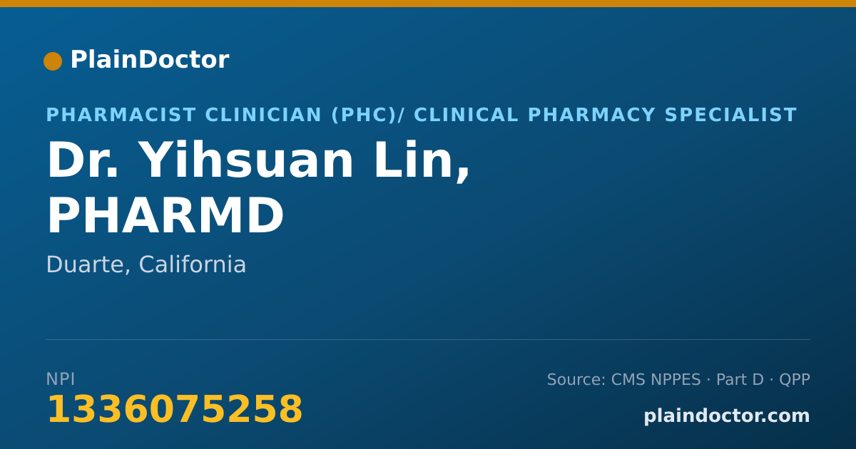 Shareable card for Yihsuan Lin, PHARMD - Pharmacist Clinician (PhC)/ Clinical Pharmacy Specialist, Duarte, CA