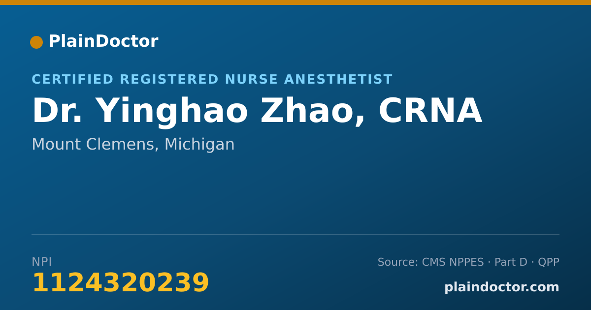 Shareable card for Yinghao Zhao, CRNA - Certified Registered Nurse Anesthetist, Mount Clemens, MI