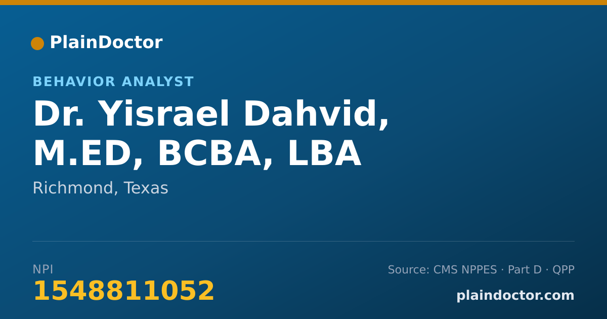 Shareable card for Yisrael Dahvid, M.ED, BCBA, LBA - Behavior Analyst, Richmond, TX