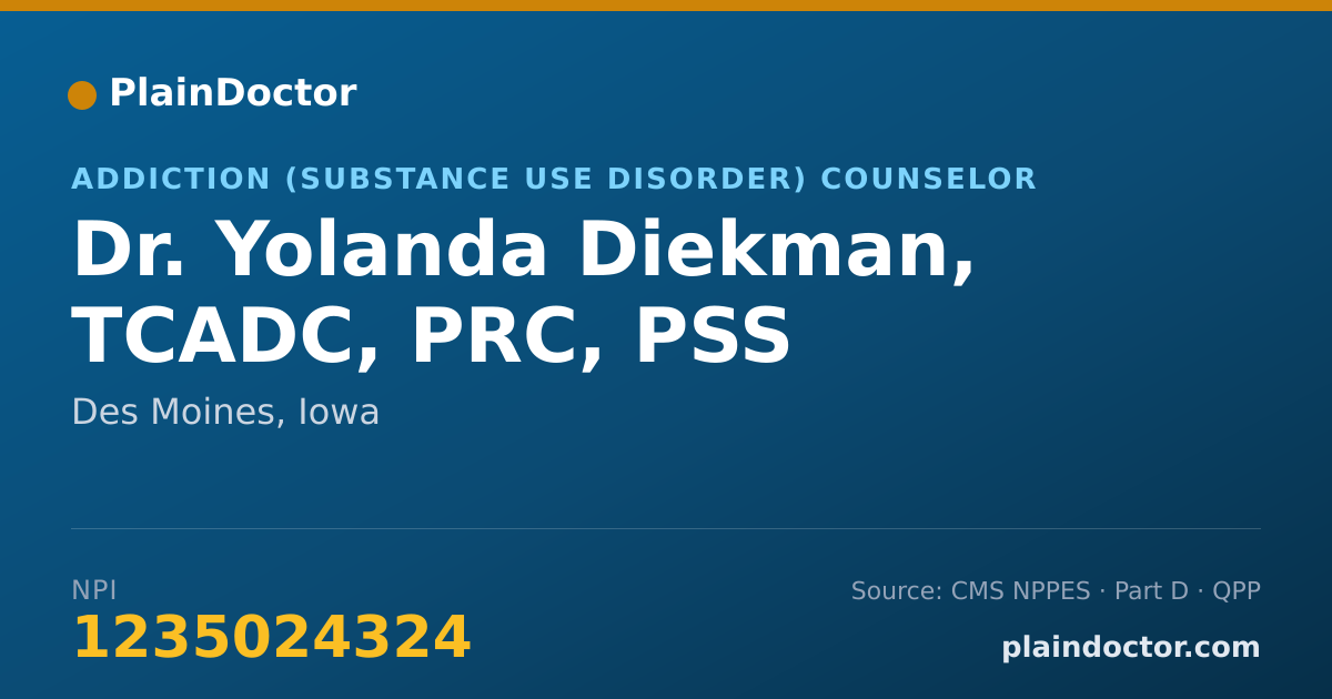 Shareable card for Yolanda Diekman, TCADC, PRC, PSS - Addiction (Substance Use Disorder) Counselor, Des Moines, IA