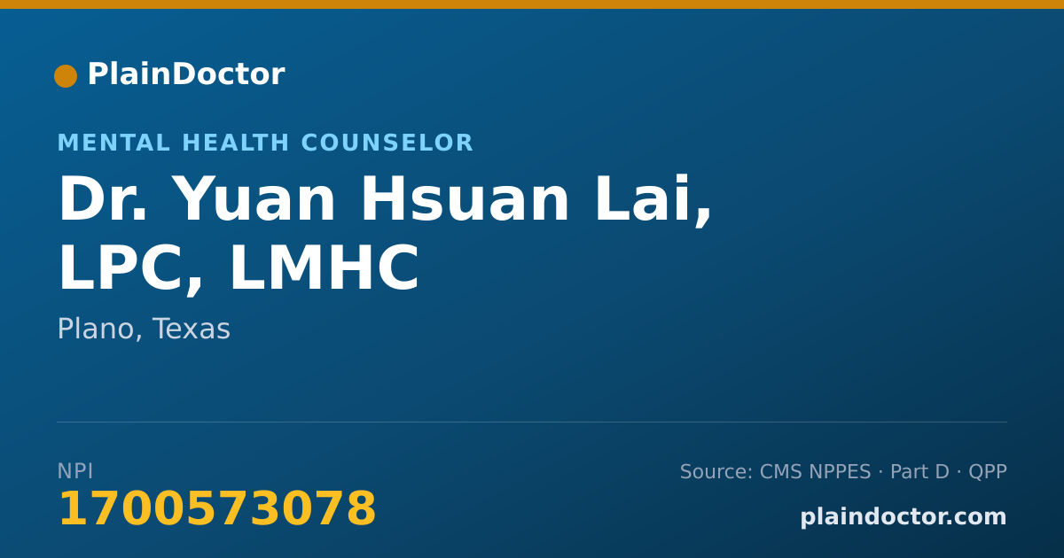 Shareable card for Yuan Hsuan Lai, LPC, LMHC - Mental Health Counselor, Plano, TX